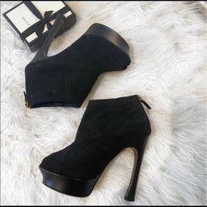 YSL black platform peep toe booties